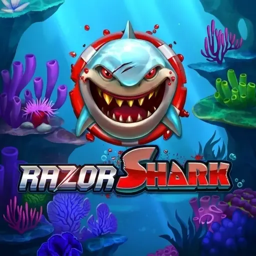 Hitnspin Casino Razor Shark Slot mit Haifischlogo und Korallenriff